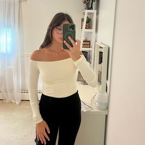Cream off the shoulder bodysuit